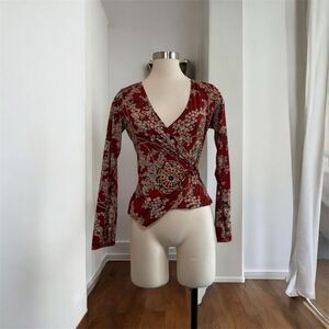 Vintage Y2K Charlotte Russe Red Paisley Floral Mock Wrap Top Shirt S Ruched